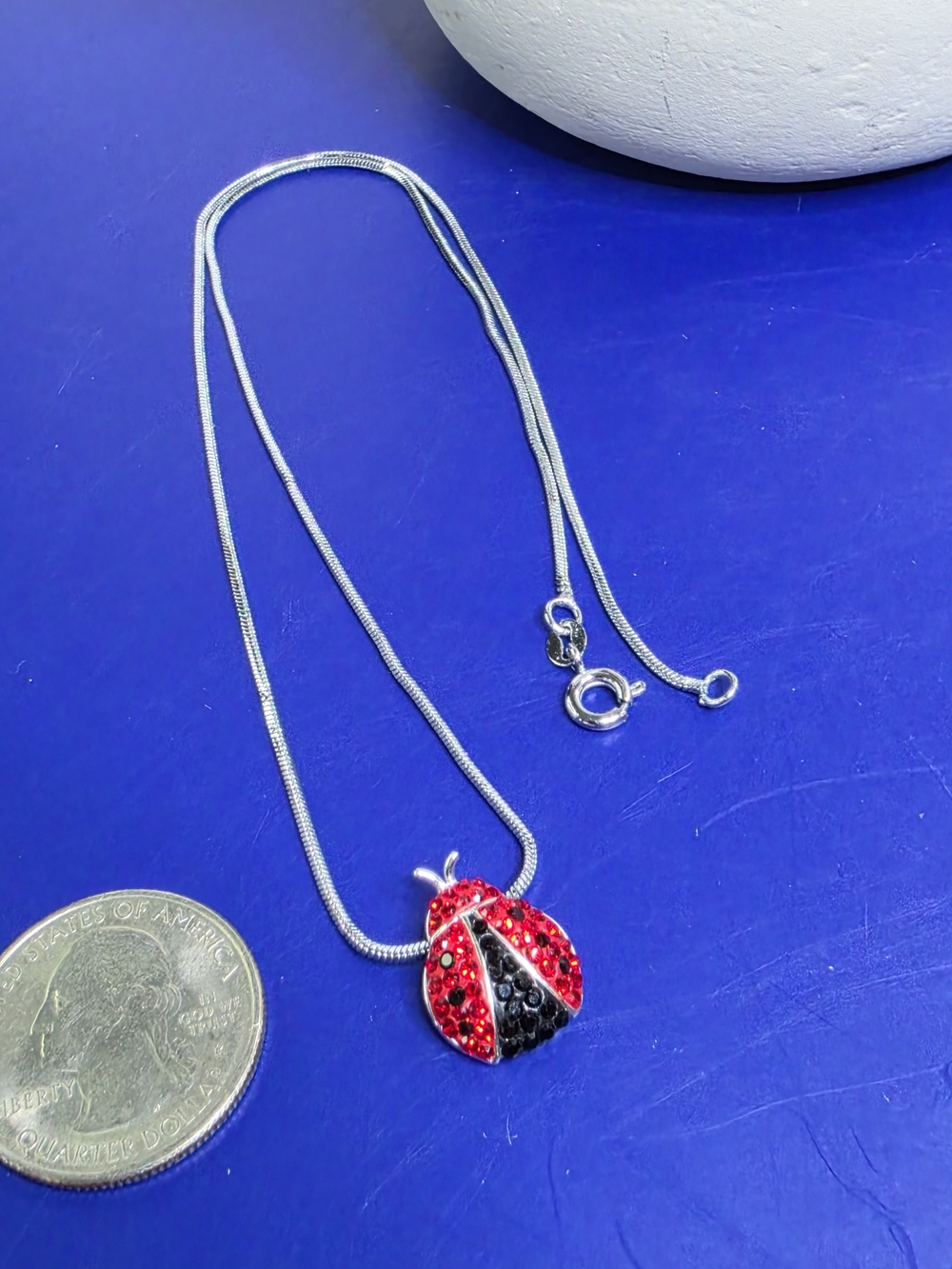 Red and Black Crystal Ladybug Pendant Necklace - Sterling Silver
